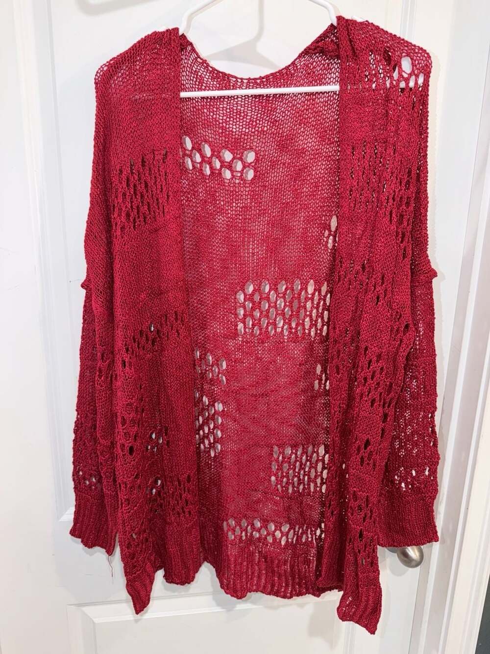 Stars Above Red Open Front Crochet Knit Cardigan Sweater Size L